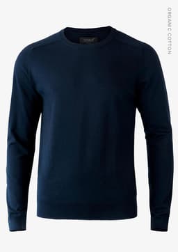 A navy knitted jumper for men, featuring long sleeves and a crew neck design. It has a branding logo.