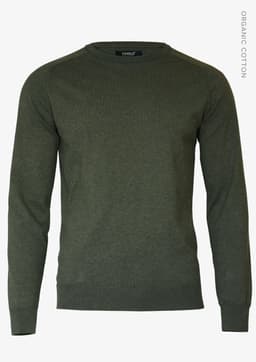 An olive green men’s jumper featuring a crew neck and long sleeves, made from organic cotton.