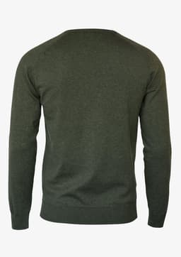 A green men's knitwear jumper featuring a classic O-neck design, shown from the back.
