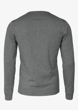 A grey Brighton V-Neck men's knitwear jumper with long sleeves, featuring a simple design and a logo on the back.
