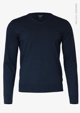 A navy V-neck knitted jumper for men, featuring long sleeves and a fitted design. Includes a logo.