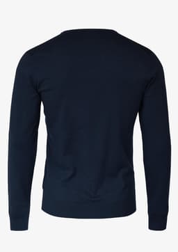 A navy Brighton V-Neck men's knitwear jumper featuring long sleeves and a simple design. It has a branding logo.