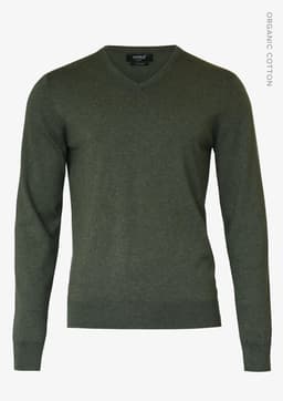 A green Brighton V-neck men's knitwear jumper in a casual style, featuring long sleeves and a v-neckline.