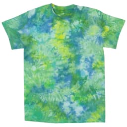 A tie dye t-shirt featuring vibrant shades of green and blue with a swirling pattern. It has a logo on the front.