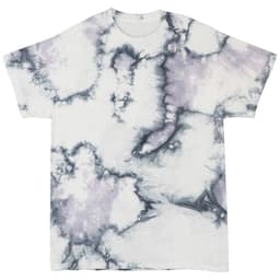 A tie-dye T-shirt in shades of white and soft purple, featuring a relaxed fit with a subtle pattern and a logo.