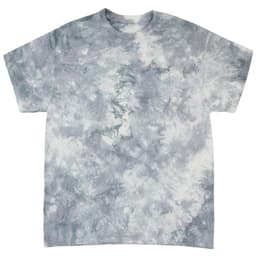 A tie-dye t-shirt in shades of grey and white with a soft, swirling pattern. It features a logo on the front.