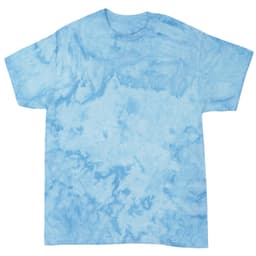 A light blue tie-dye t-shirt with a cloud-like pattern and a crew neck design. It features a logo.