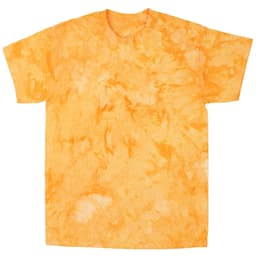 A tie-dye T-shirt in vibrant shades of orange, featuring a swirled pattern. The shirt has a logo printed on it.