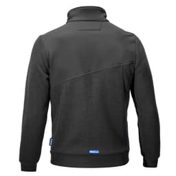 A dark grey fleece jacket with a full zip and a stylish design; features a logo on the lower left side.