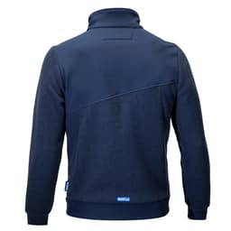 A navy fleece jacket featuring a full zip and a colour-blocked design, with a logo on the back.