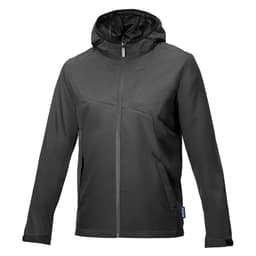 A black windbreaker jacket with a hood, featuring a zip front and pockets, also displaying a logo.