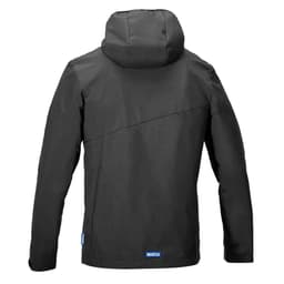 A black windbreaker jacket with a hood, featuring a simple design and a logo on the bottom left.