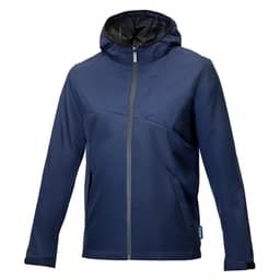 A navy windbreaker jacket with a hood, featuring a zip closure and side pockets, includes branding.