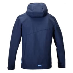 A navy windbreaker jacket with a hood and a logo on the lower side. The back features a minimalist design.