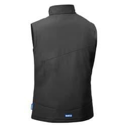 A black padded vest with a high collar and a logo on the bottom right.