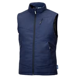A navy padded vest with a high collar, featuring a front zipper and multiple pockets. It has a brand logo.