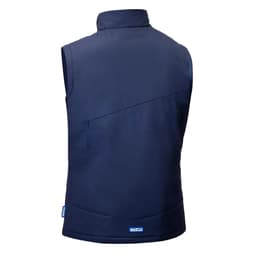 A navy padded vest with a high collar and no sleeves, featuring a logo at the bottom.