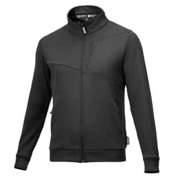 A full zip jacket in black featuring a high collar, zippered pockets, and a logo on the side.