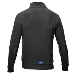A black full zip jacket featuring a modern design and a logo on the side.
