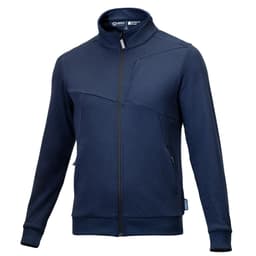 A full zip jacket in navy blue with a high collar and zippered pockets, featuring a logo.
