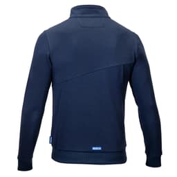A navy blue full zip jacket with a high collar and a stylish design, featuring a logo on the side.