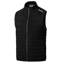 A black vest with a zippered front, featuring a padded design and a logo on the shoulder.