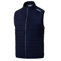 A navy blue padded vest with a zip front and two side pockets, featuring a logo on the shoulder.