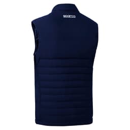 A navy blue sleeveless vest with a quilted design and a logo on the back.