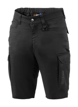Black Bermuda shorts with multiple pockets and a logo detail.