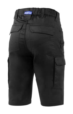 Black Bermuda shorts with multiple pockets and an elastic waistband, featuring a logo on the back.