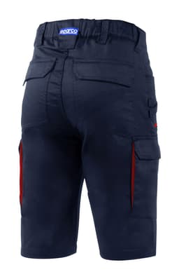 Navy Bermuda shorts with red detailing, featuring pockets and an elastic waistband. Includes a logo on the back.