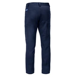Navy trousers featuring multiple pockets and a logo, shown from the back.