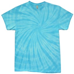 A blue tie-dye T-shirt featuring a spiral design, showcasing various shades of blue throughout.
