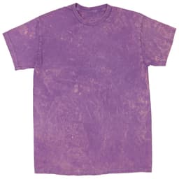 A purple mineral wash tie dye t-shirt featuring a textured pattern and a crew neck design. It has a logo.