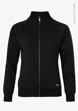 A black women's jacket with a zip front, featuring a stand-up collar and a logo on the lower front.