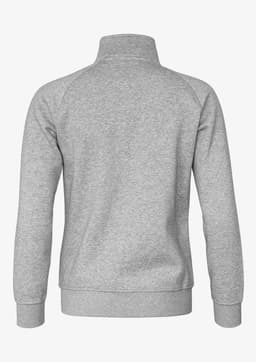 A grey jacket with a stand-up collar and long sleeves, featuring a logo on the back.