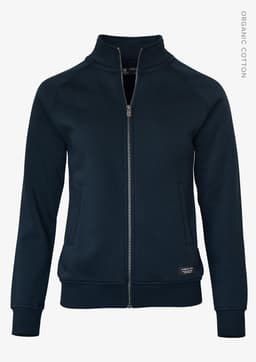 A navy jacket with a zippered front, stand-up collar, and fitted cuffs. It features a logo on the hem.