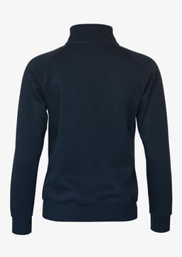 A navy blue jacket with a high collar and long sleeves, featuring a logo on the back.