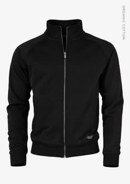 A black men's zip-up jacket with a high collar and raglan sleeves, featuring a logo on the side.
