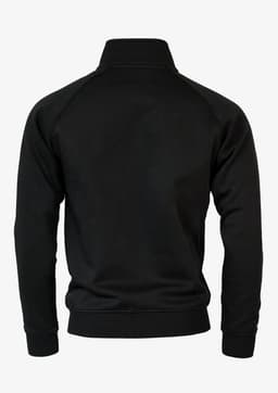 A black jacket with a high collar and raglan sleeves, featuring a plain design and a logo on the back.
