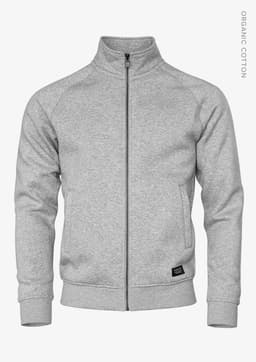 A grey zip-up jacket with a high collar and a logo on the side. Made from organic cotton.