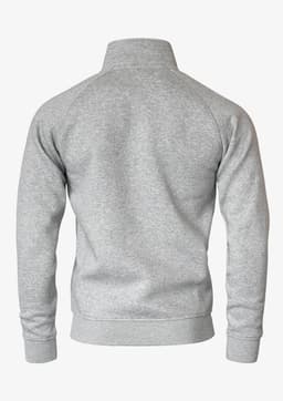 A grey jacket with a high collar and ribbed cuffs, featuring a back view. It has a simple design and includes a logo.