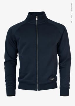 A navy men's jacket with a zip front, zip pockets, and a logo on the hem, made from organic cotton.