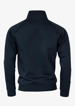 A navy blue men's jacket featuring a high collar and long sleeves, showcasing a simple design with a logo.