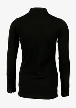 A black women's polo shirt featuring long sleeves and a simple design, with a branding logo on the back.