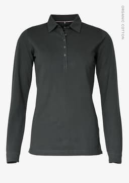 A women's long-sleeve polo shirt in dark grey, featuring a collar and front buttons, with branding present.