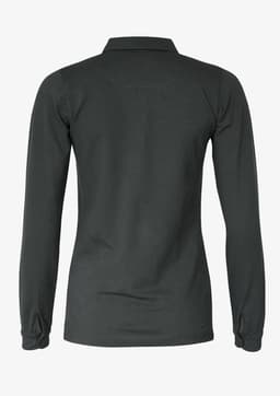 A dark grey women's polo shirt featuring long sleeves and a collar, with a logo on it.