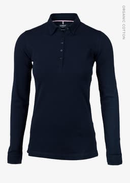 A navy long-sleeved polo shirt for women, featuring a collar and buttons, with a logo.