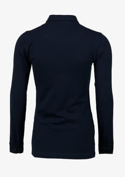 A navy blue women's polo shirt featuring long sleeves and a collar, with a logo on the back.