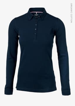 A long-sleeved polo shirt in navy blue, featuring a collar and button-up front. It includes a logo.